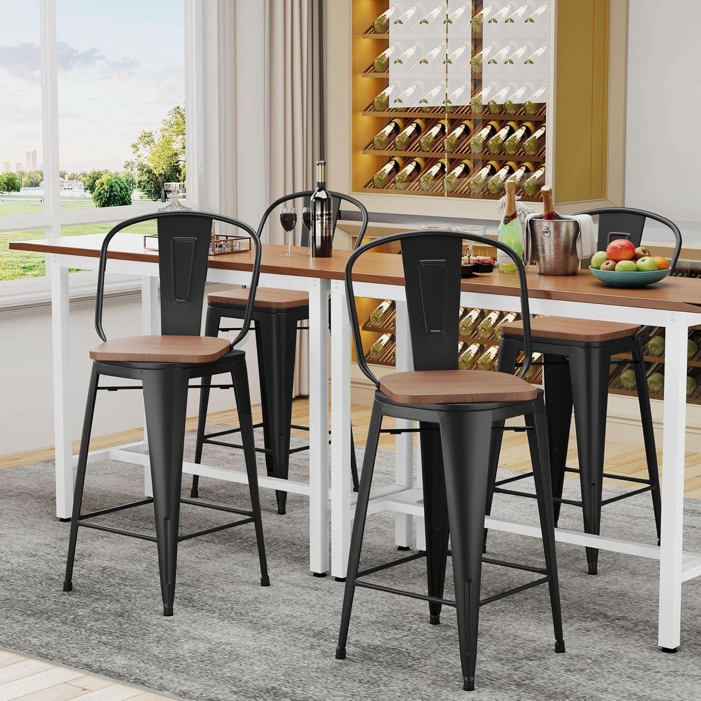 26 Inch Swivel Bar Stools Set Of 4 With Large Wooden Seat Matte Black High Back Design