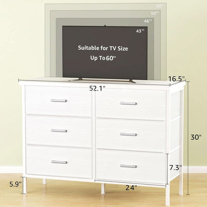 White Premium Fabric Dresser With Six Drawers And Wood Top