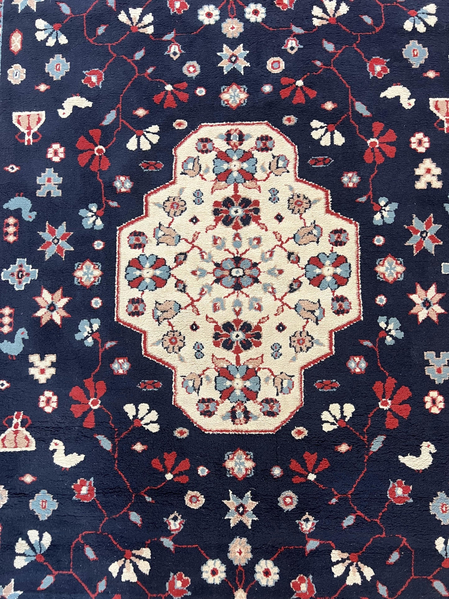 Belgium Power Loomed Rug 5.6 x 7, Navy Blue and Ivory, Heriz Pattern, Vintage Oriental Carpet