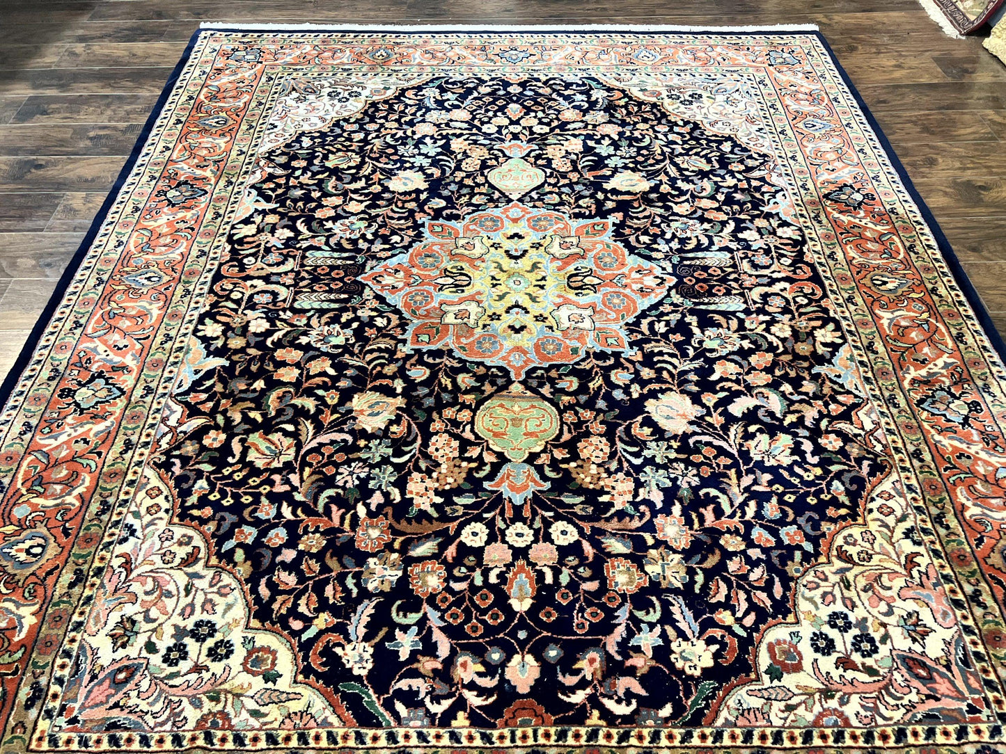 Indo Persian Rug 8x10, Midnight Blue & Red, Handmade Vintage Wool Carpet, Floral Medallion