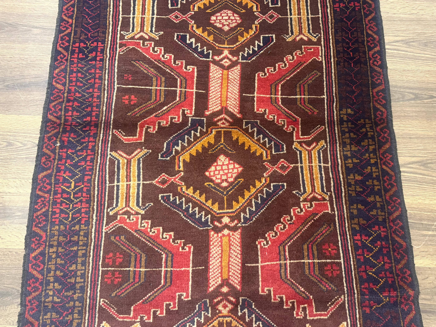 Afghan Rug 3x7, Maroon and Navy Blue, Balouch Carpet, Tribal Rug, New