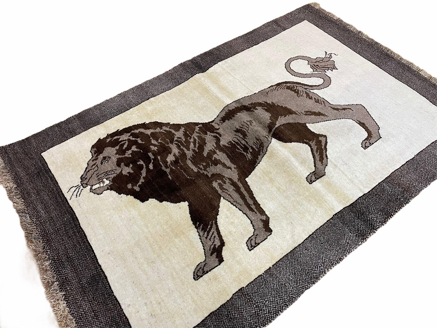 3 x 5 Handmade Rug Brown Beige Hand-Knotted Lion Rug New Vintage Quality Animal