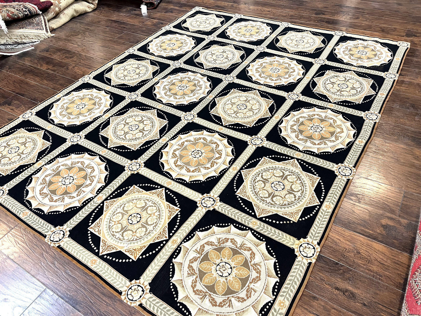 Needlepoint Rug 8x10, Black Tan Beige, Panel Design, Wool Handwoven Handmade Flatweave Needlepoint Carpet, Vintage French European Rug