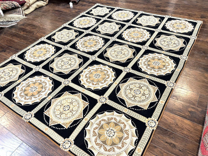 Needlepoint Rug 8x10, Black Tan Beige, Panel Design, Wool Handwoven Handmade Flatweave Needlepoint Carpet, Vintage French European Rug