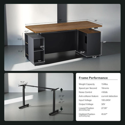 Walnut Seventy OneInch Height Adjustable Standing Desk Cabinets