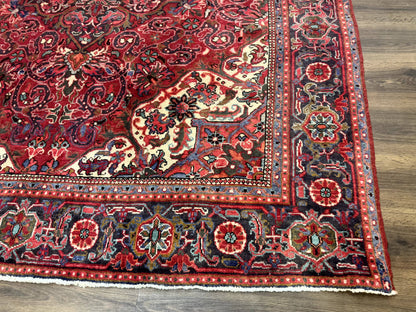 Persian Heriz Rug 7x10, Red and Navy, Geometric Medallion, Vintage Wool Carpet