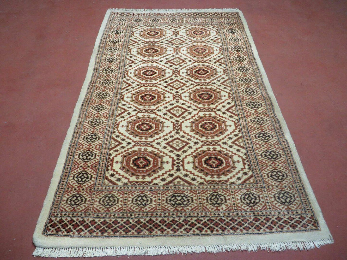 4' X 7' Vintage Handmade Pakistani Turkoman Bokhara Balouch Woven Wool Rug Ivory
