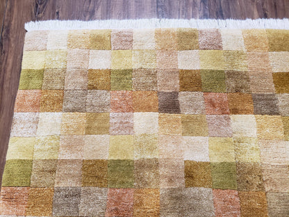 4x6 Tibetan Rug, Modern Abstract Handmade Area Rug, Checkerboard Pattern, Neutral Ivory Gold Tan Colors, Soft Pile, Mid Sized Rug, Nepali