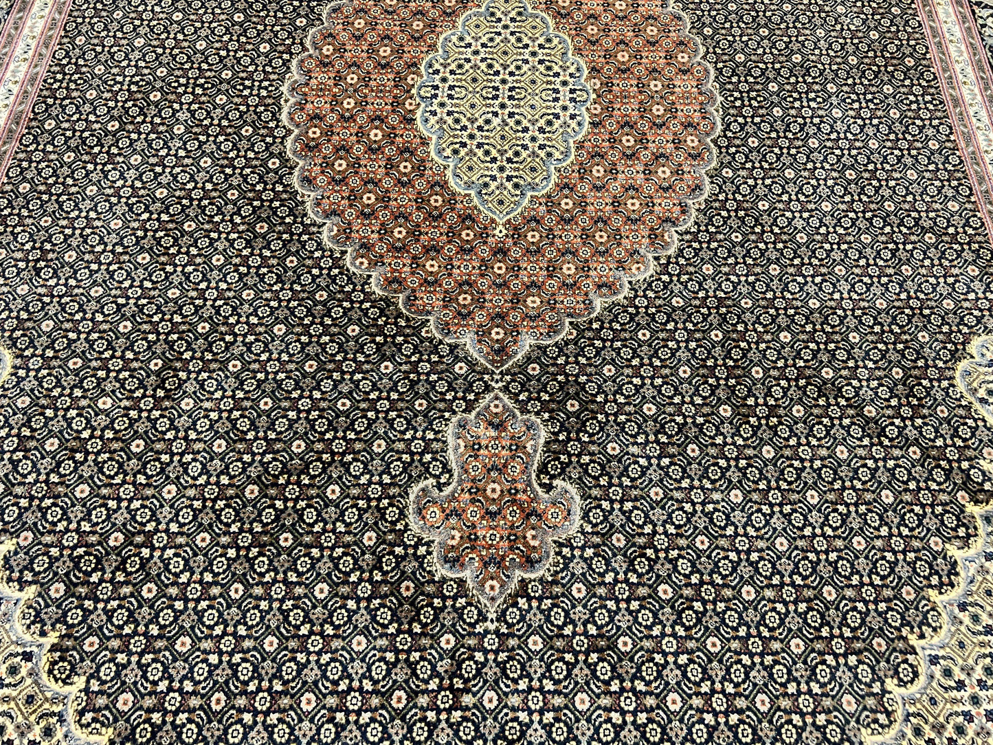 Persian Tabriz Rug 7x10, Very Fine 330 KPSI 50 Raj, Black and Beige, Handmade Wool Vintage Persian Carpet