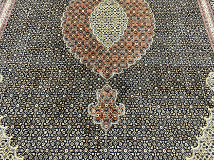 Persian Tabriz Rug 7x10, Very Fine 330 KPSI 50 Raj, Black and Beige, Handmade Wool Vintage Persian Carpet