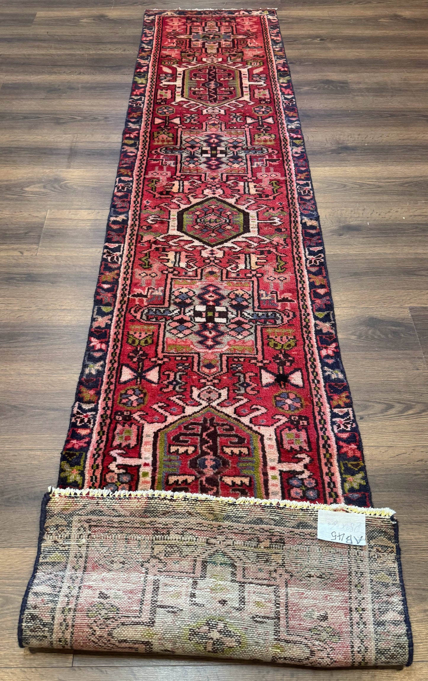 Persian Heriz Karajeh Runner Rug 2x9, Geometric Medallions, Red Navy Blue, 2 x 9 Rug for Hallway