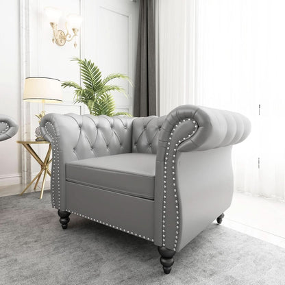 Grey Chesterfield Leather Living Room Set With Scroll Arms