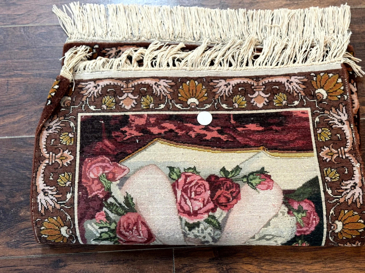 Small Persian Tabriz Pictorial Rug of Young Girl, Very Fine 380 KPSI, Portrait of Young Lady with Roses, Handmade, Persian Rug for Wall Hanging