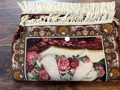 Small Persian Tabriz Pictorial Rug of Young Girl, Very Fine 380 KPSI, Portrait of Young Lady with Roses, Handmade, Persian Rug for Wall Hanging