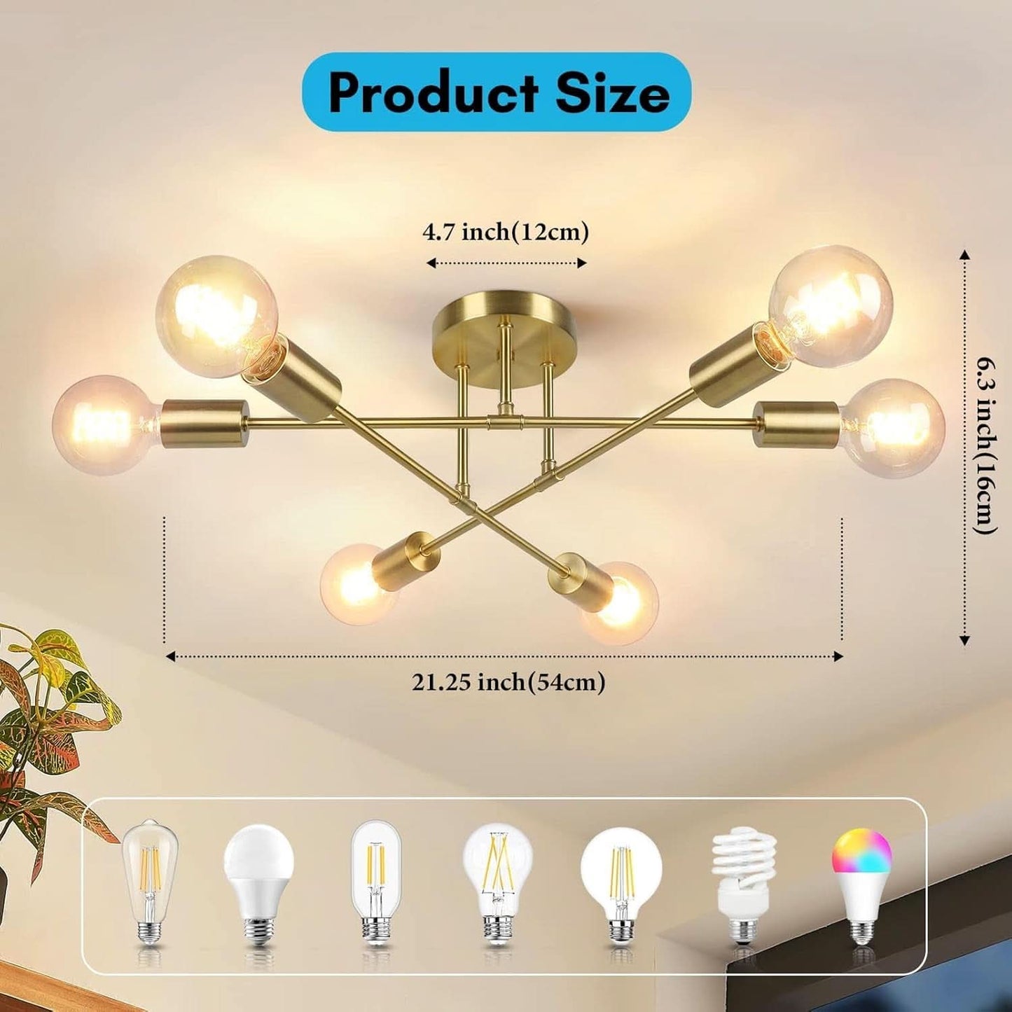 Gold Sputnik Chandelier Semi Flush Mount Ceiling Fixture