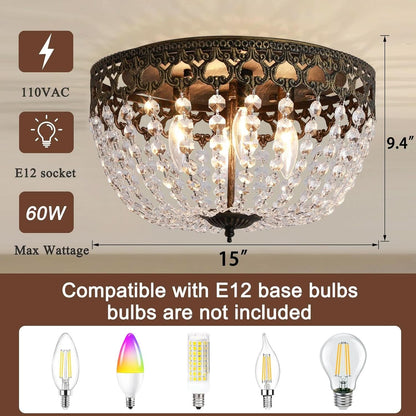 Bronze Crystal 15 Inch Four Light Flush Mount Ceiling Light