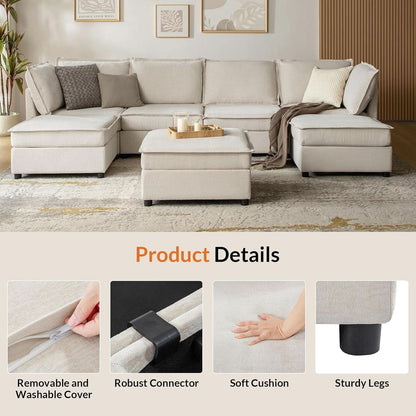127 Inch Modular Sectional Sofa Beige with Storage Ottoman