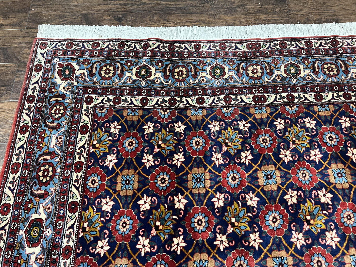 Persian Veramin Rug 7x11, Repeated Allover Pattern, Handmade Vintage Carpet, Navy Blue