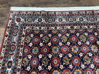 Persian Veramin Rug 7x11, Repeated Allover Pattern, Handmade Vintage Carpet, Navy Blue