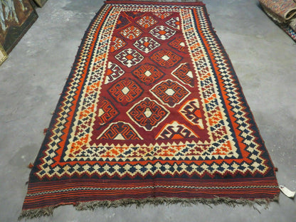 5' X 10' Antique Turkish Kilim Handmade Flat Weave Wool Rug Red Colorful Veg Dye Bohemian Boho Chic Tribal Style And Design