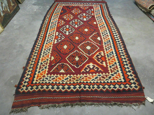 5' X 10' Antique Turkish Kilim Handmade Flat Weave Wool Rug Red Colorful Veg Dye Bohemian Boho Chic Tribal Style And Design