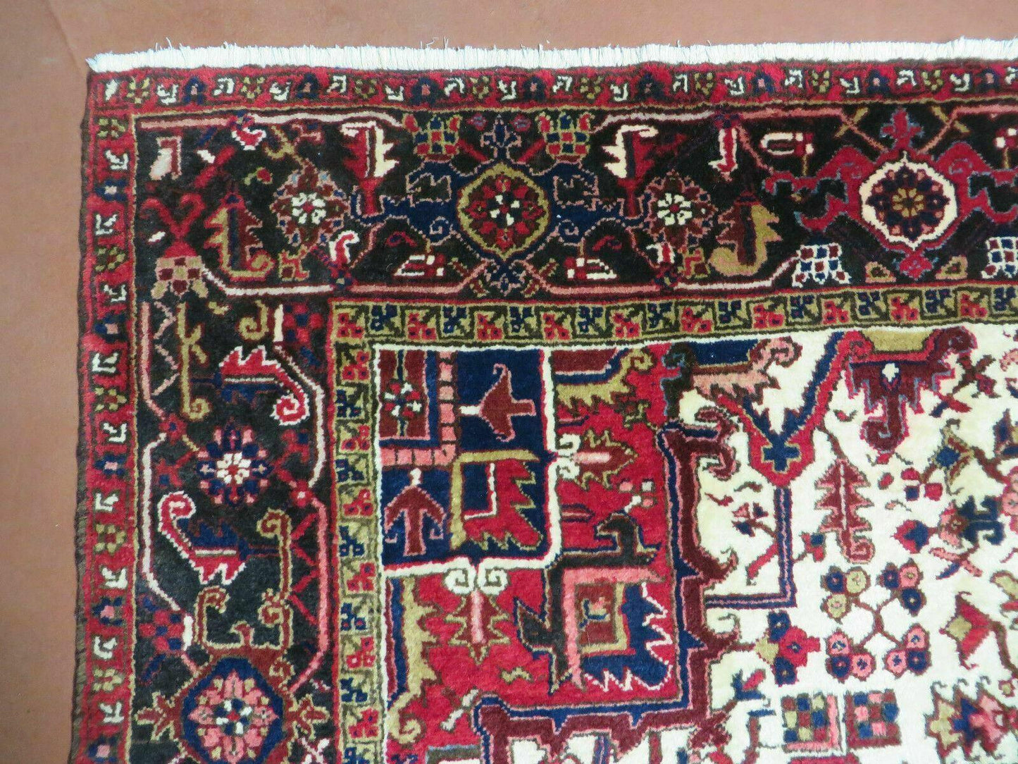 Wonderful Persian Heriz Rug 8.6 x 11, Geometric Heriz Carpet, Semi Antique Decorative Area Rug, Red Ivory Dark Blue Handmade Wool Room Sized