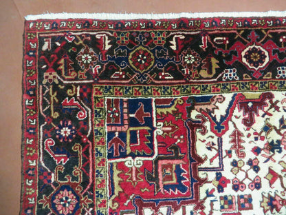 Wonderful Persian Heriz Rug 8.6 x 11, Geometric Heriz Carpet, Semi Antique Decorative Area Rug, Red Ivory Dark Blue Handmade Wool Room Sized
