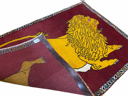 Persian Gabbeh Rug 3x4, Lion Pictorial, Red