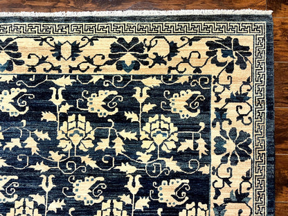 Sino Persian Rug 6x9, Hand Knotted Wool Carpet, Floral Allover, Blue Cream-Tan