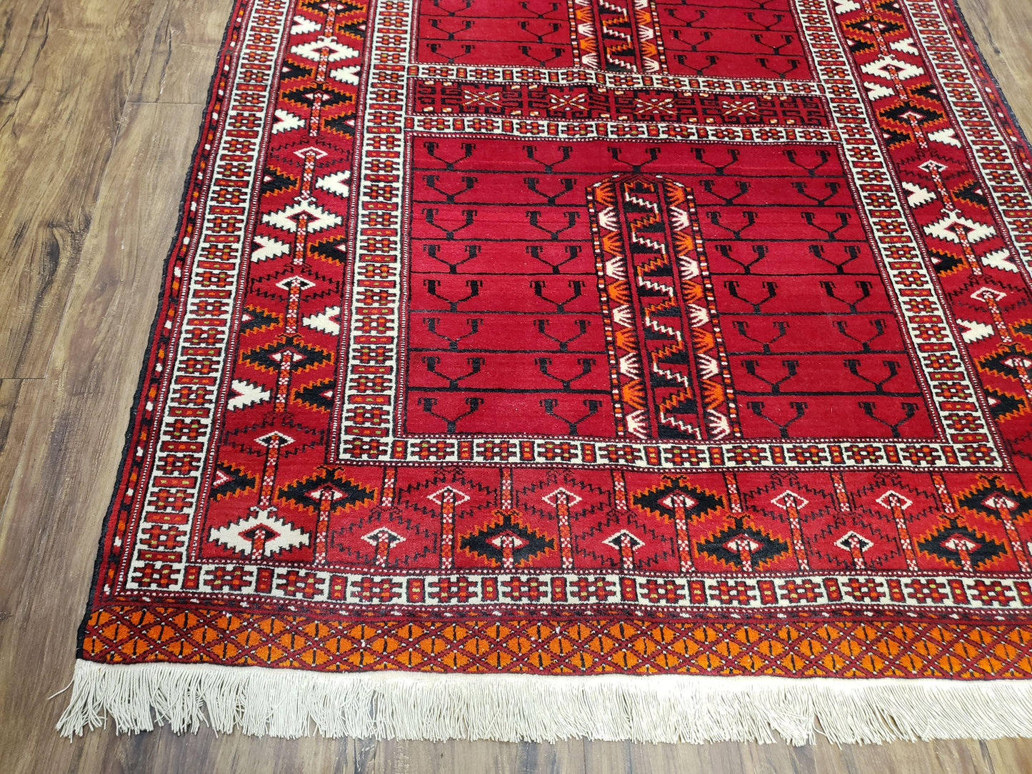 Antique Persian Turkoman Rug 4x5, Hatchli Tekkeh Ersari Red Tribal Rug, Handmade Wool Oriental Carpet, Four Seasons Rug