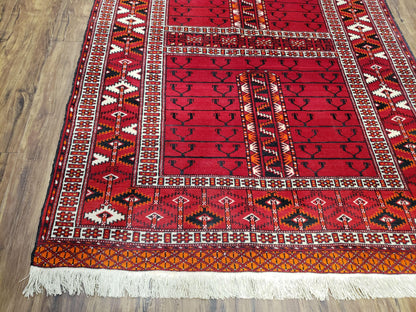 Antique Persian Turkoman Rug 4x5, Hatchli Tekkeh Ersari Red Tribal Rug, Handmade Wool Oriental Carpet, Four Seasons Rug