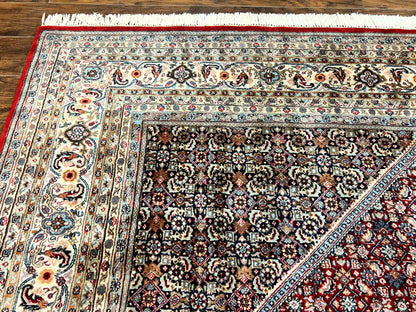 Square Indo Persian Bidjar Rug 10x10, Red, Handmade Vintage Wool Carpet