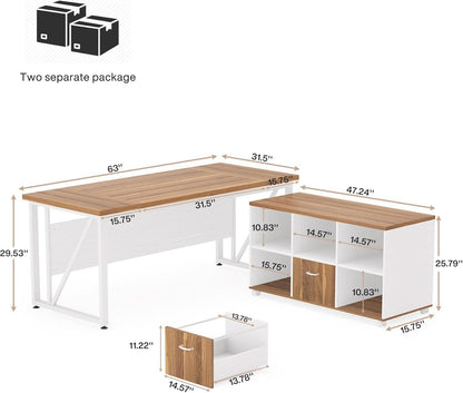 63 Inch L Desk With File Cabinet Walnut White Finish