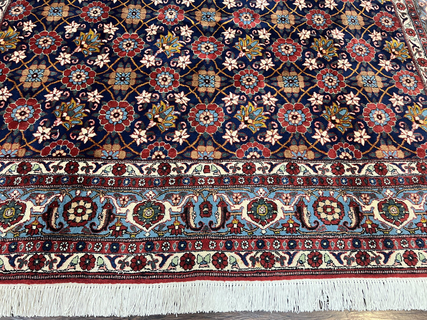 Persian Veramin Rug 7x11, Repeated Allover Pattern, Handmade Vintage Carpet, Navy Blue