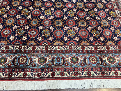 Persian Veramin Rug 7x11, Repeated Allover Pattern, Handmade Vintage Carpet, Navy Blue