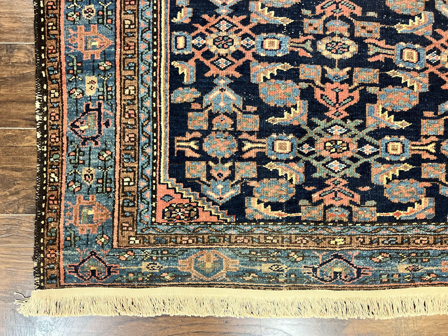 Antique Persian Tribal Rug 5x7, Navy Blue & Pink, Hand Knotted Handmade 1920s Wool Rug, Allover Pattern, Persian Hamadan Rug