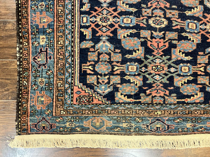Antique Persian Tribal Rug 5x7, Navy Blue & Pink, Hand Knotted Handmade 1920s Wool Rug, Allover Pattern, Persian Hamadan Rug