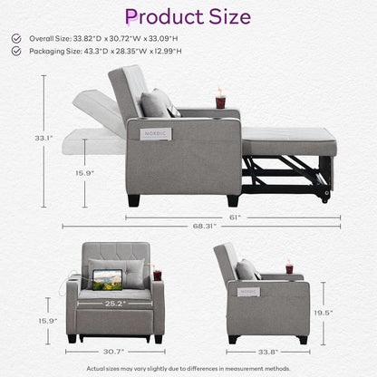 Charcoal Grey Convertible Sleeper Chair With USB Ports