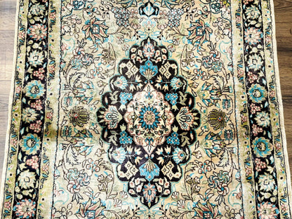 Indian Kashmiri Silk Rug 3x5, Floral Medallion, Fine 200 KPSI
