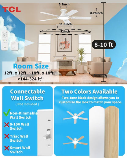 52 Inch White Flush Mount Ceiling Fan With LED Light
