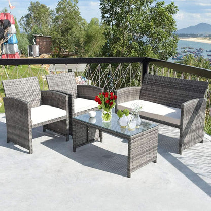 4 Piece Wicker Patio Conversation Set With Soft Cushions