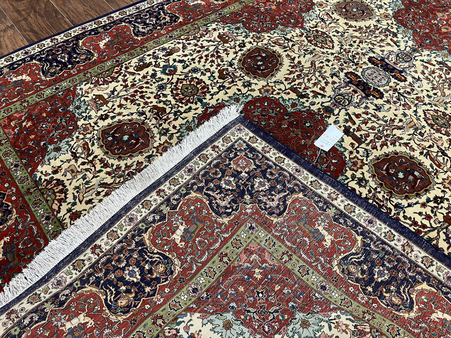 Wonderful Sino Persian Rug 6x10 with Animal Pictorial Motifs, Cream Dark Red Navy Blue, Birds Gazelles, Two Medallions, Top Quality Handmade