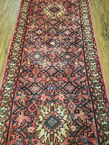 Persian Hamadan Runner Rug 2.8 x 14, Red, Vintage Handmade Wool Runner Rug
