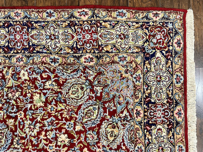 Persian Rug 7x10, Kirman Oriental Carpet 7 x 10 ft, Hand Knotted Wool Floral Medallion Semi Antique Persian Rug, Dark Red Light Blue Vintage