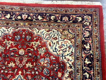 Persian Sarouk Rug 4x7, Red Navy Blue Vintage Wool Medallion Carpet