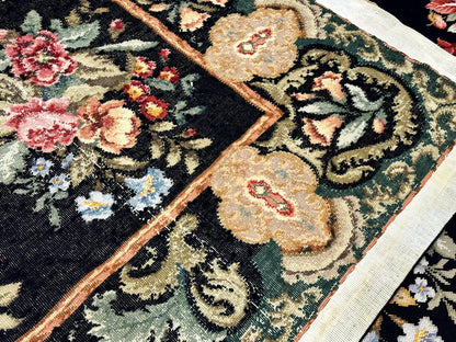 Palace Size Needlepoint Rug 12x16, Black and Colorful, Floral Panel, Handmade Oversized Wool Needlepoint Carpet, Rare