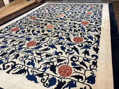 Antique Chinese Peking Rug 10x14, Beige Black, Handmade Wool Art Deco Carpet