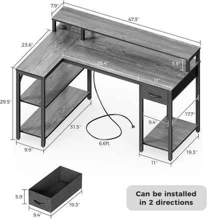 47 Inch L Shaped Desk With Led Lights And Power Outlets Grey