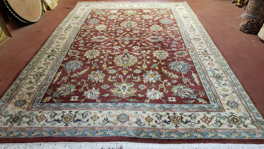 8x12 Indo-Mahal Rug, Floral Allover, Red & Beige, Wool Vintage Handmade Traditional Carpet