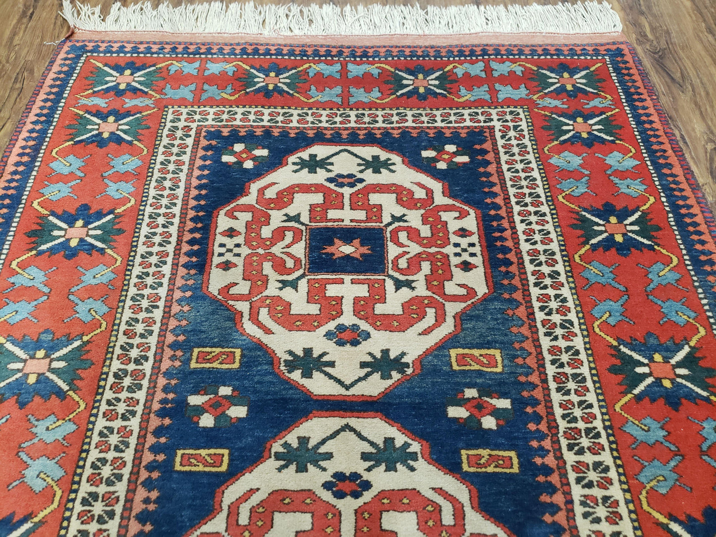 Turkish Kazak Rug 5x6 Vintage Handmade Wool Carpet Geometric Blue Red